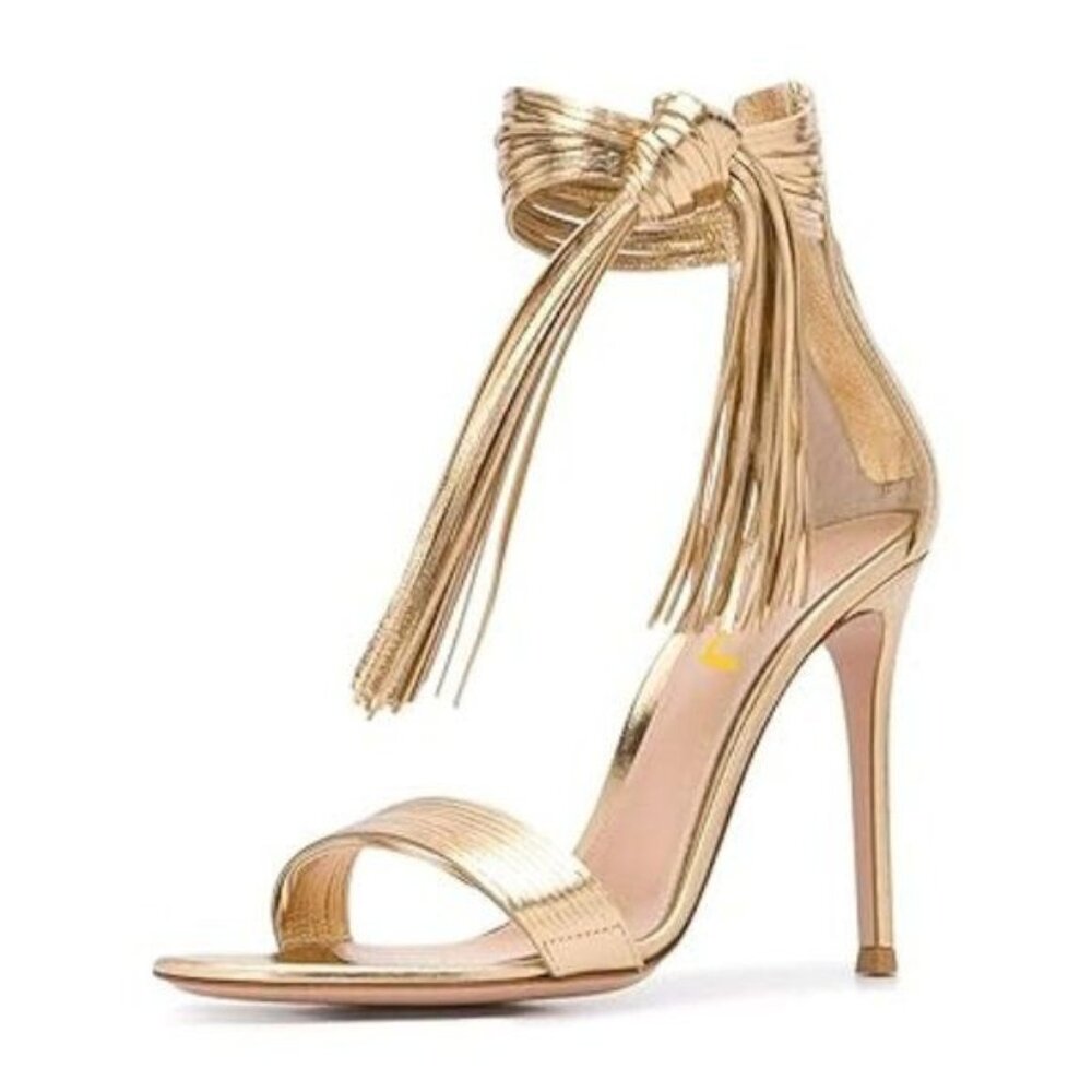 FSJ Women Round Open Toe Sandals Sexy High Heels Pumps Fringed Tassels Lace